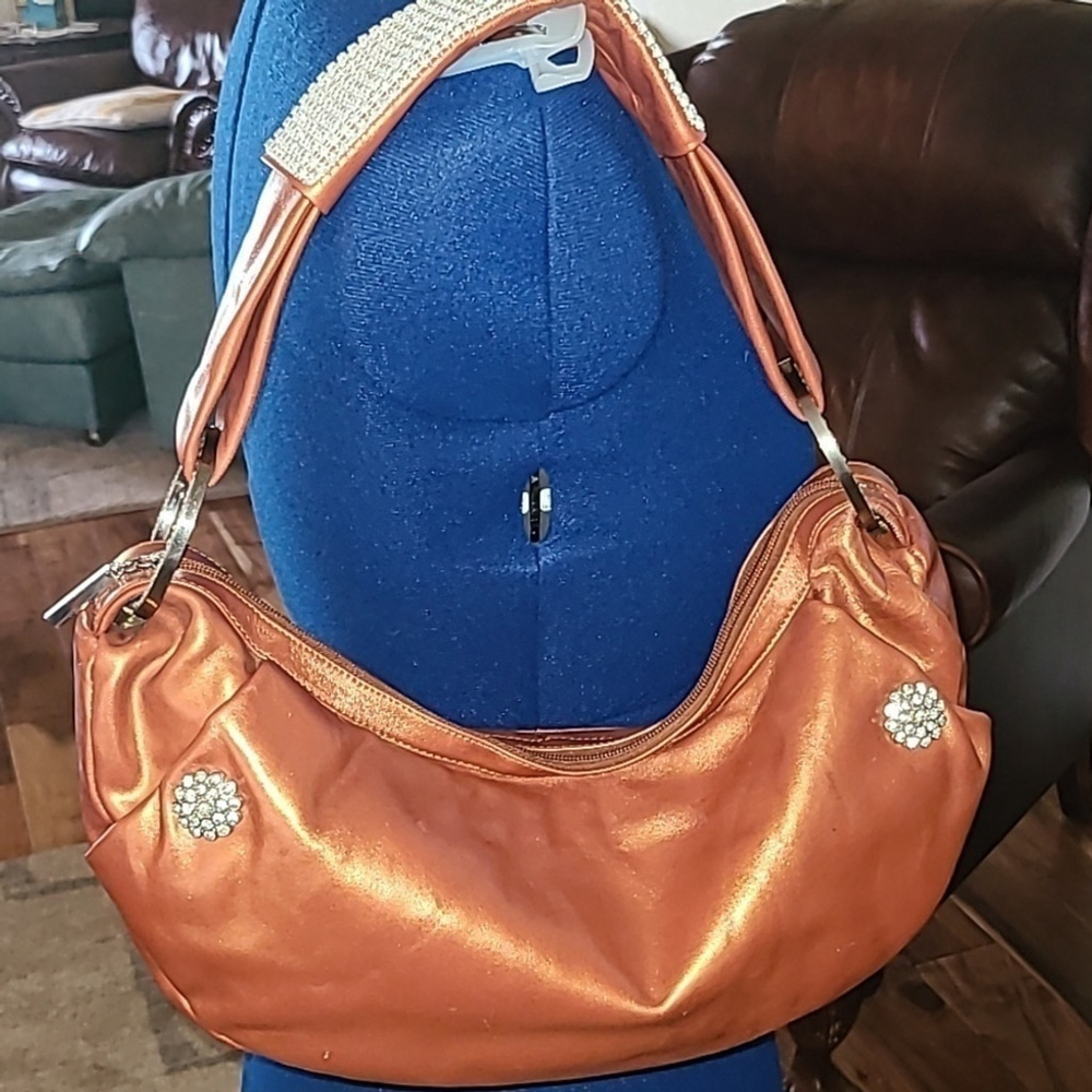 The FZND bag with stunning jewel accents.sz. 15" × 7.5" ×3.5". Copper leather.